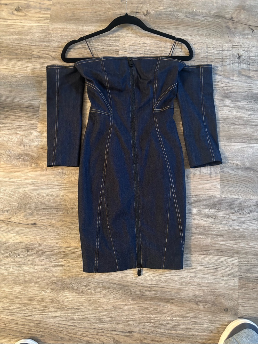 cinq a sept Navy Blue Off-Shoulder Bodycon Dress with Contrast Stitching